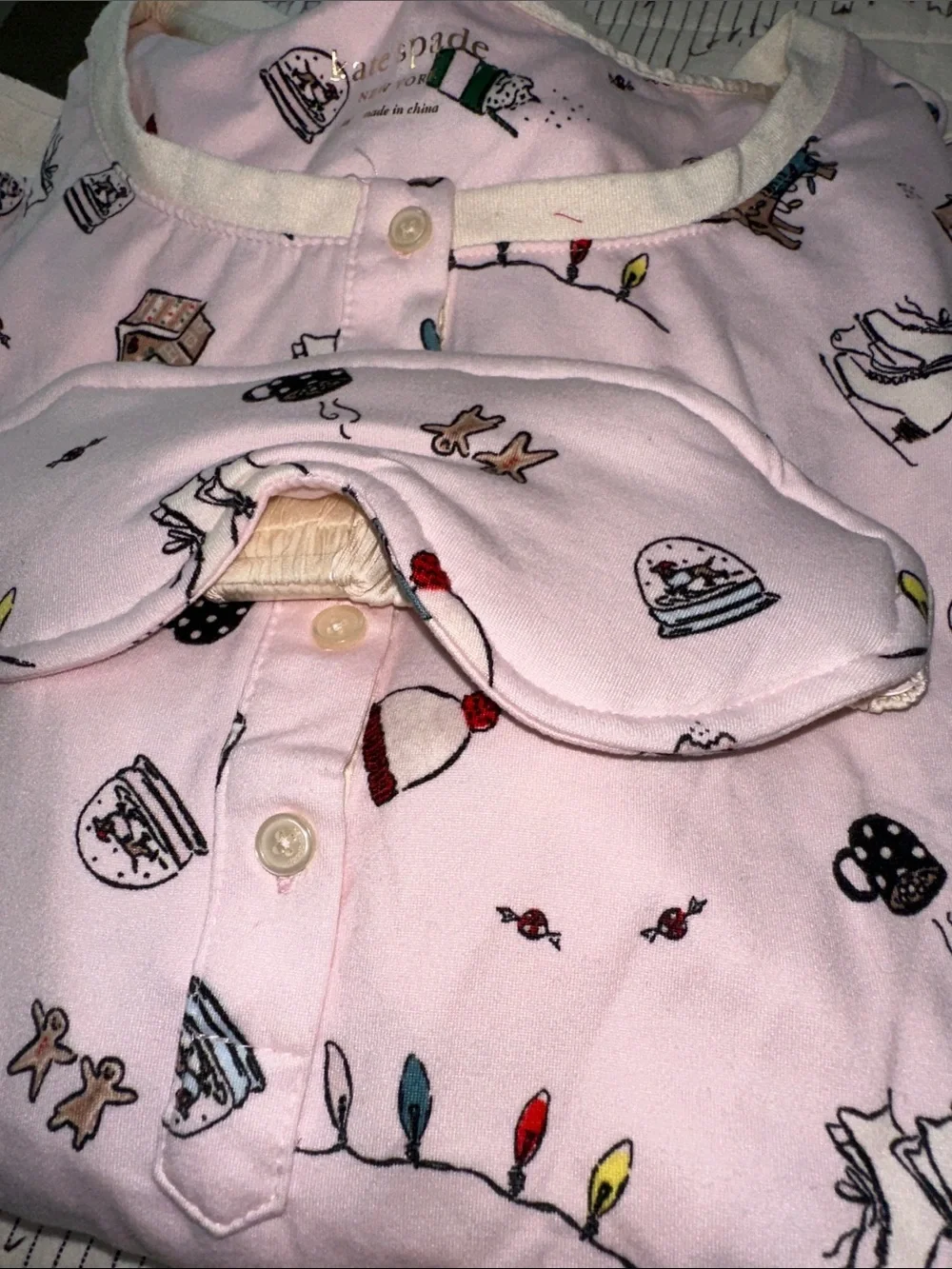 Kate Spade Pink Holiday Print Pajama Set and Eye Mask